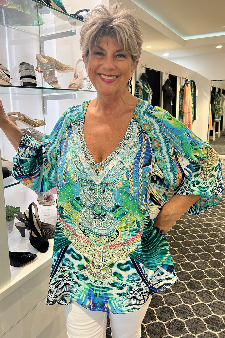 Woman wearing an Abaza Gypsy Tup in Amur by Fashion Spectrum, sold and shipped from Pizazz Boutique Nelson Bay Women's clothing store online Australia