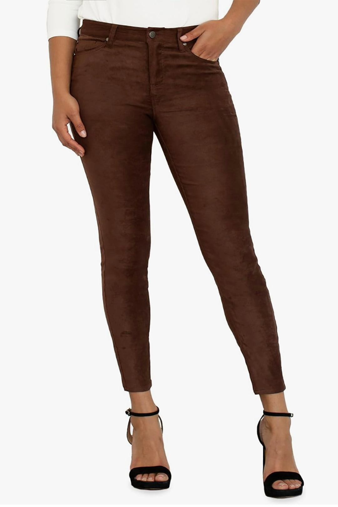 Woman wearing brown sueded skinny, ankle length jeans. Zip fly with button closure.Sold & shipped by Pizazz Boutique, Nelson Bay, NSW.