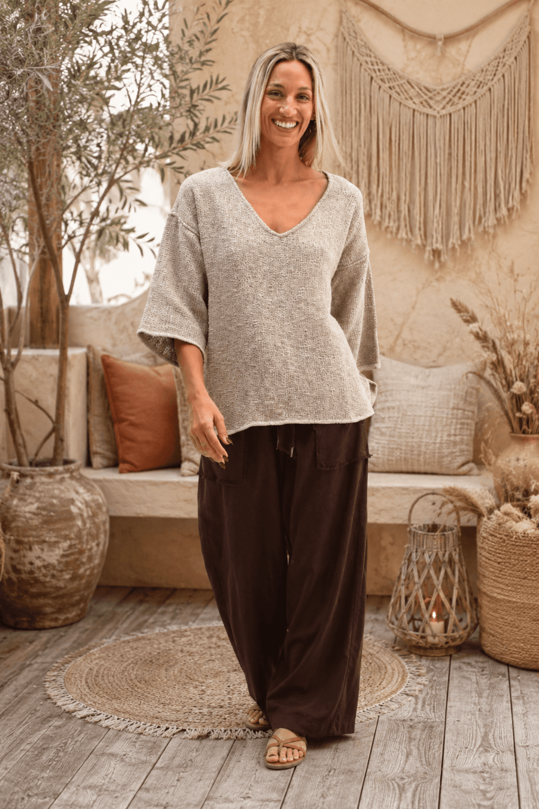 Aroma Hessian V Neck Top - Cinnamon - CB71 - Pizazz BoutiqueCarbon The Label