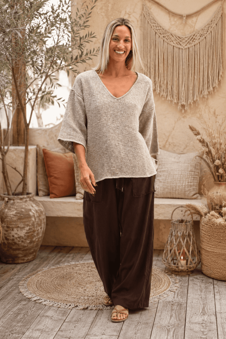 Aroma Hessian V Neck Top - Cinnamon - CB71 - Pizazz BoutiqueCarbon The Label