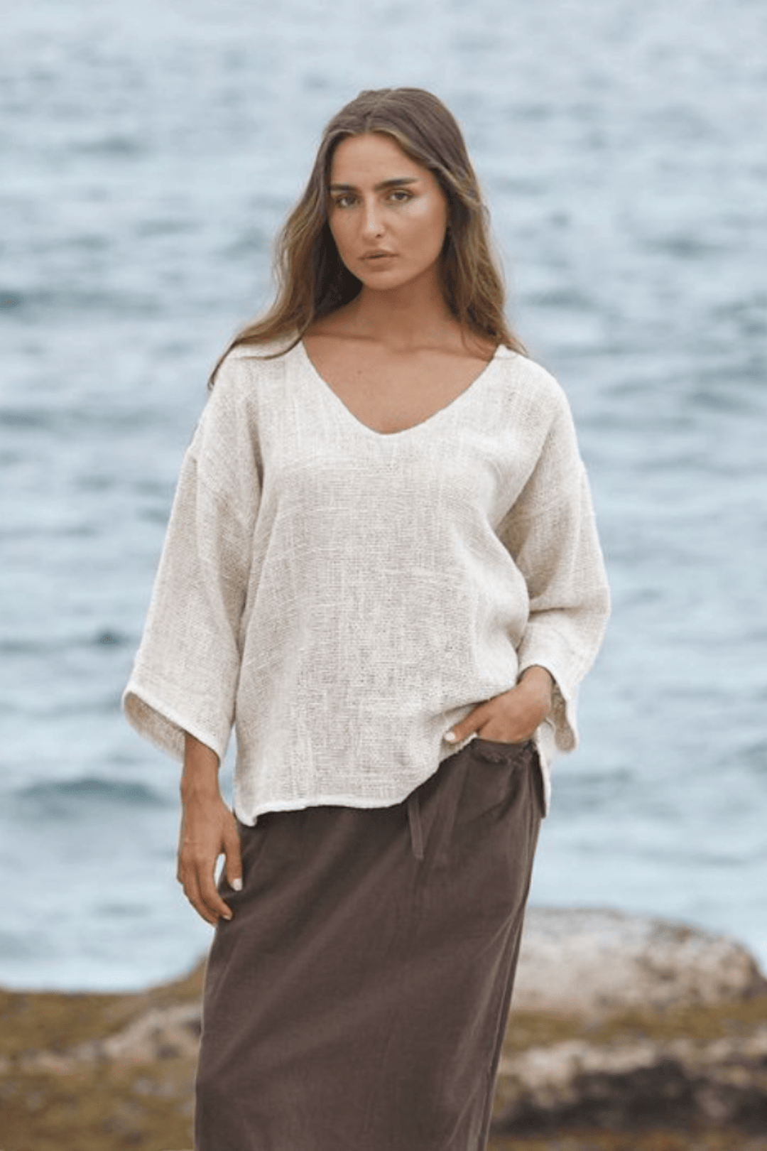 Aroma Hessian V Neck Top - Natural - CB71 - Pizazz BoutiqueCarbon The Label