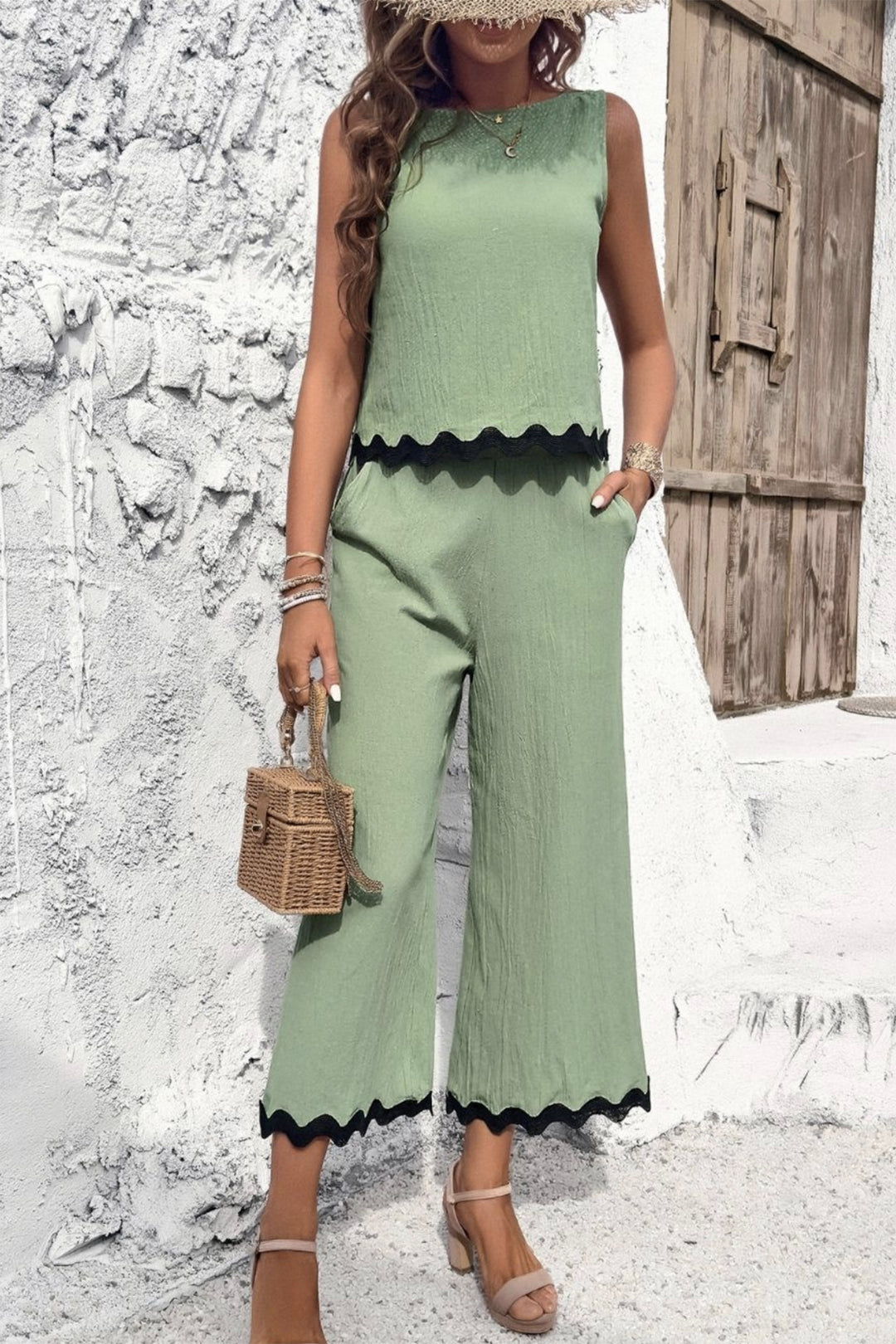 ava womens pant set in sage with black trim front view