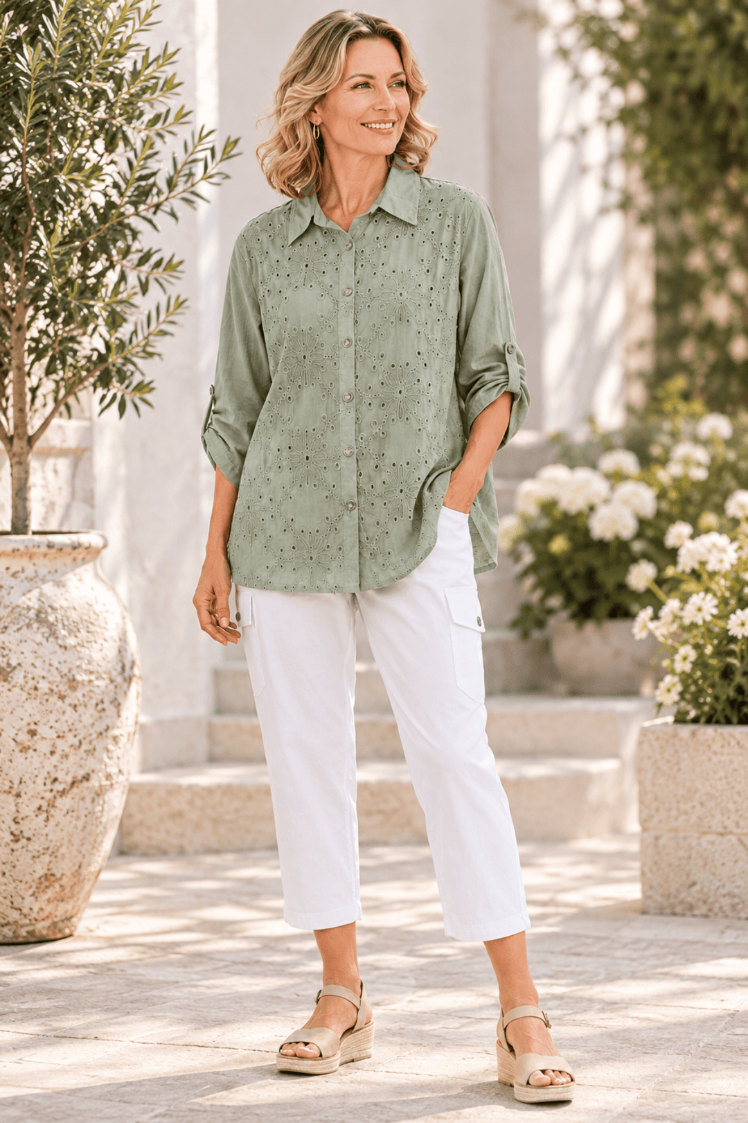 Bella Broderie Shirt - Khaki- W5 - Pizazz BoutiqueWhispers