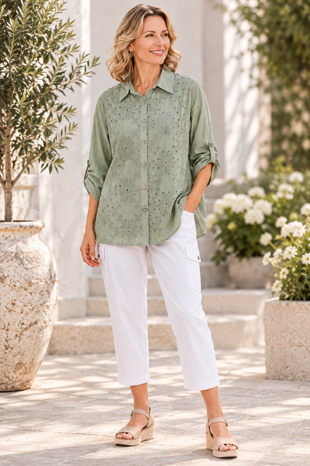 Bella Broderie Shirt - Khaki- W5