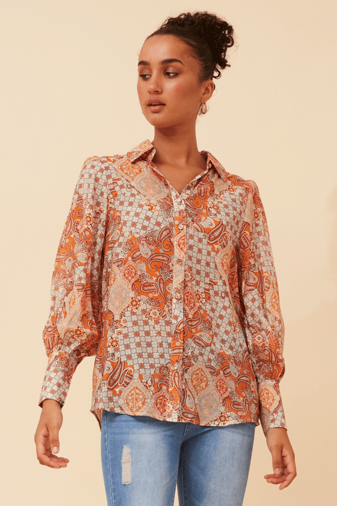 Belle Patchwork Shirt - Multi Orange - CK30 - Pizazz BoutiqueCaroline Morgan