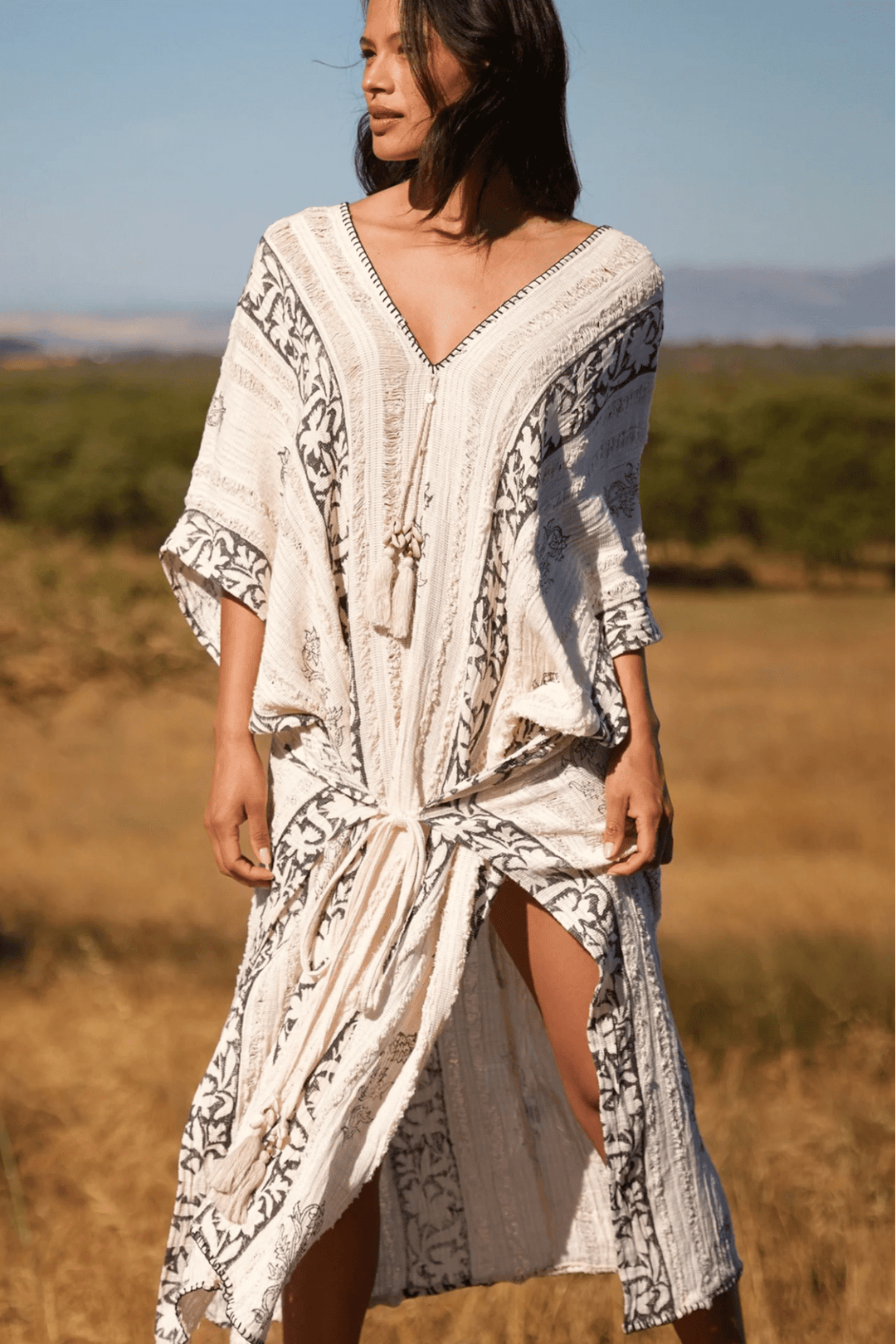 Block Print Tassel Kaftan - Black - M14 - Pizazz BoutiqueMiss June