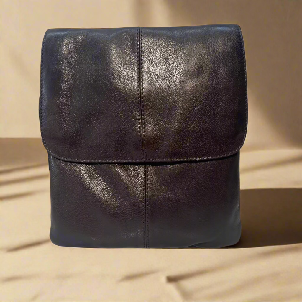 Dark brown leather handbag with front flap & adjustable shoulder strap 