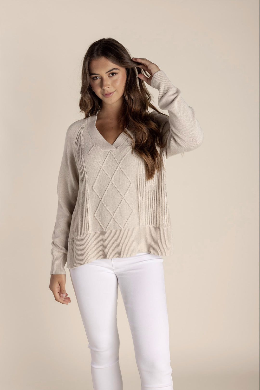 Tyra V Neck Cable Sweater - Stone - TT25