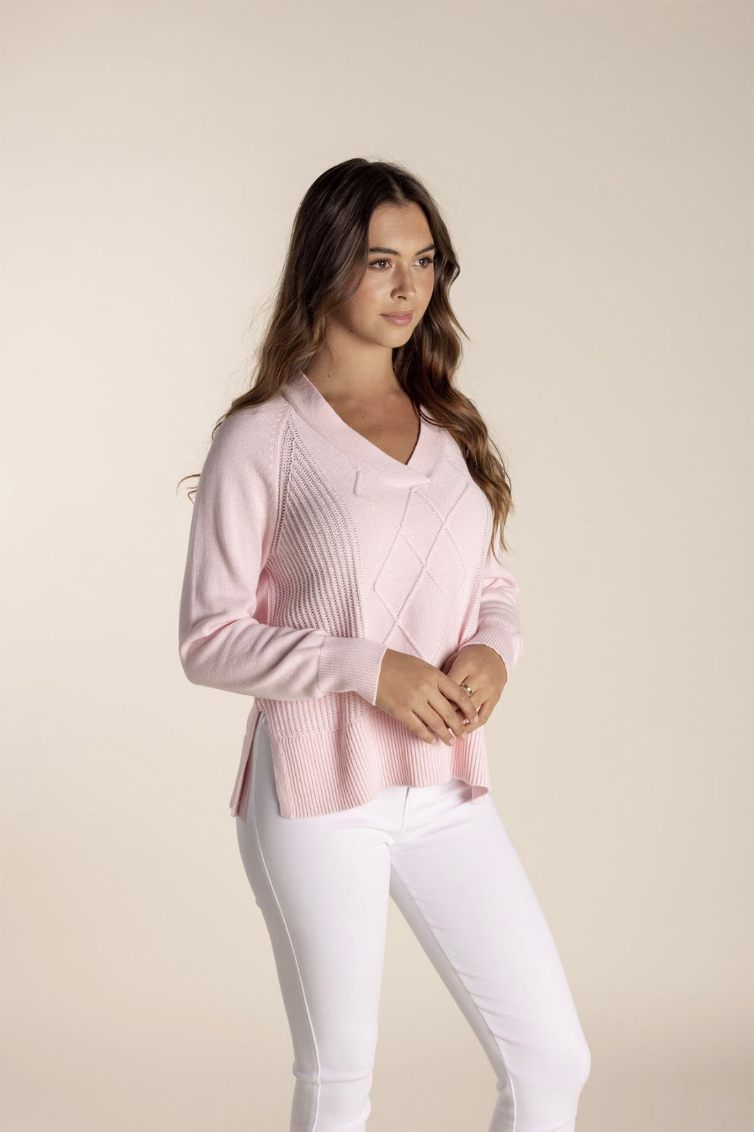 Tyra V Neck Cable Sweater - Pale Pink - TT25