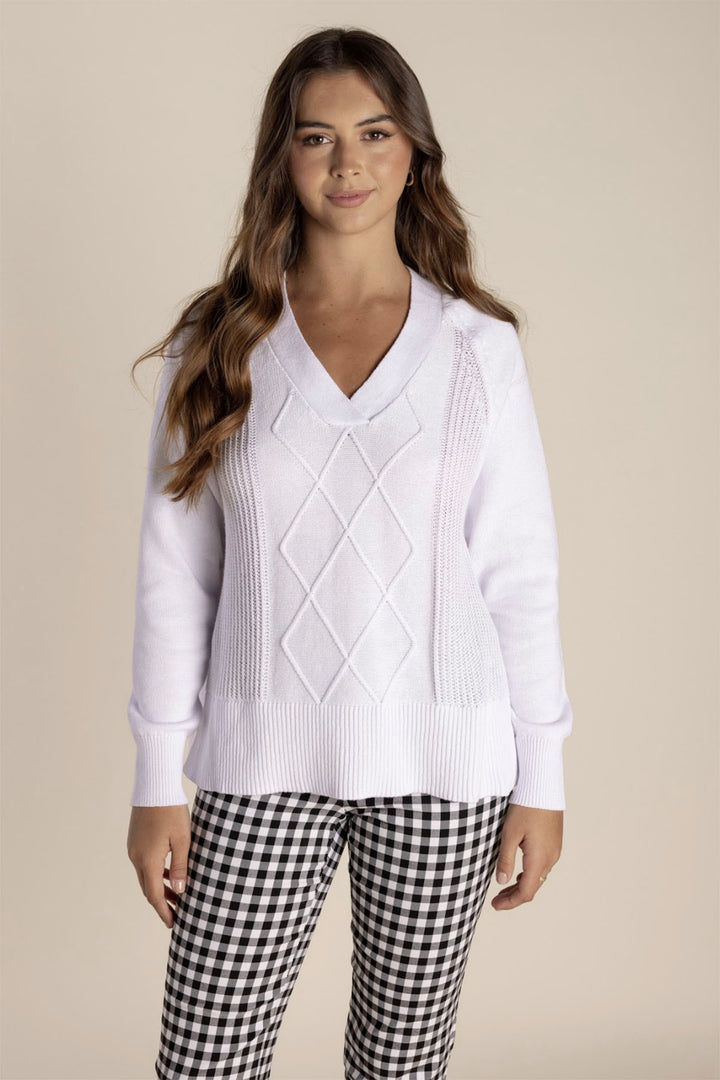 Tyra V Neck Cable Sweater - White - TT25