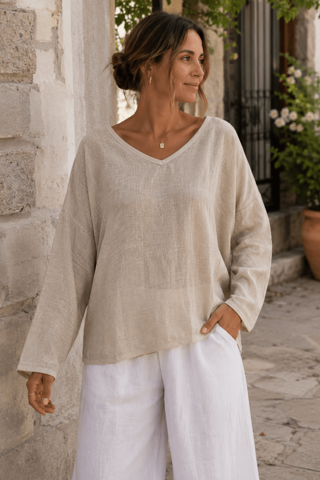 Calypso Linen Top - Sand - CG7 - Pizazz BoutiqueCindy G