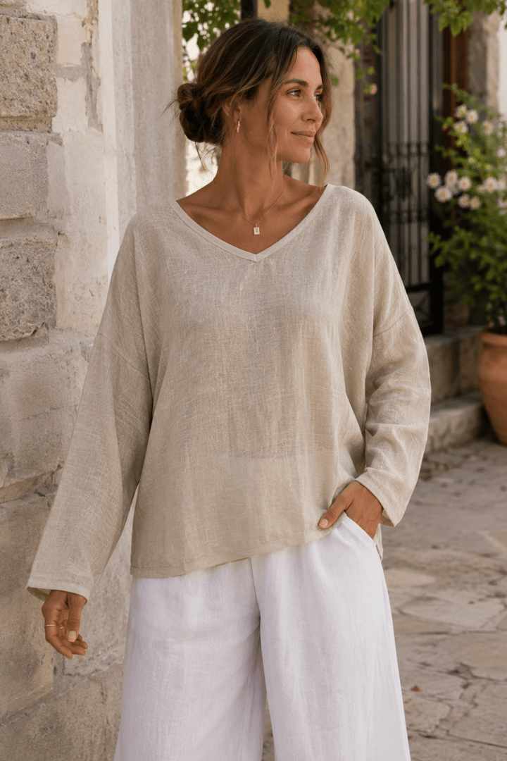 Calypso Linen Top - Sand - CG7 - Pizazz BoutiqueCindy G