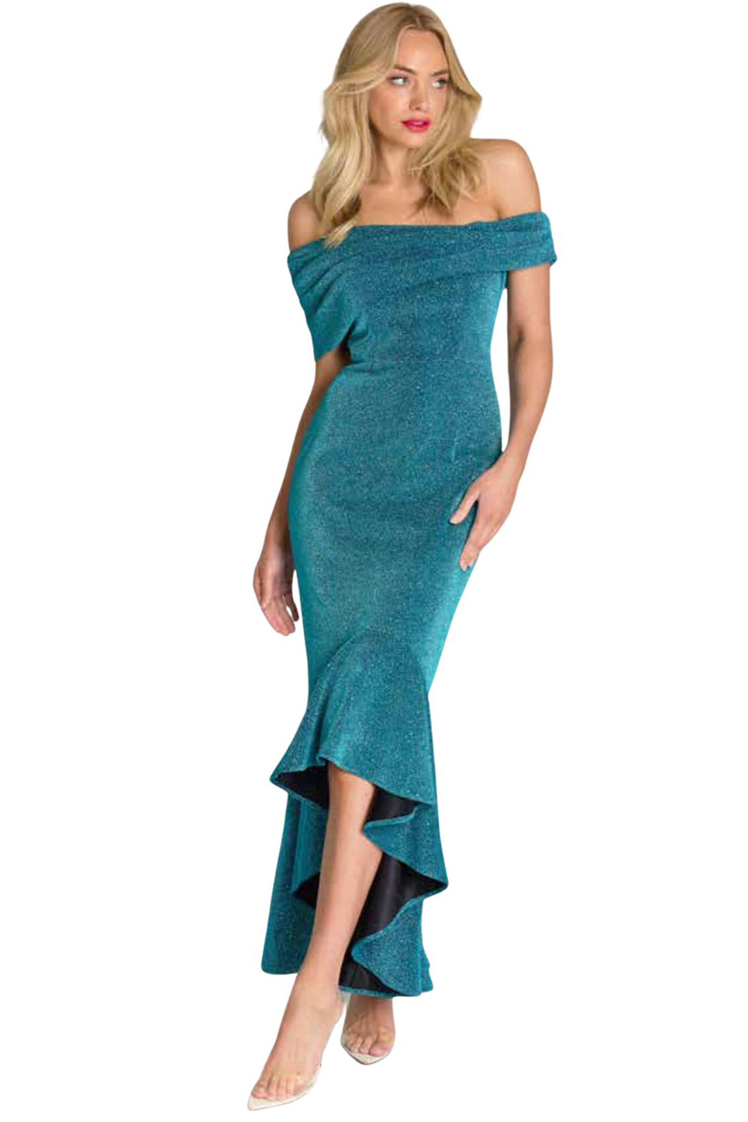Woman wearing s blue shimmer off the shoulder gown with a mermaid tail hem designed by Romance, by Pizazz Boutique ladies clothing