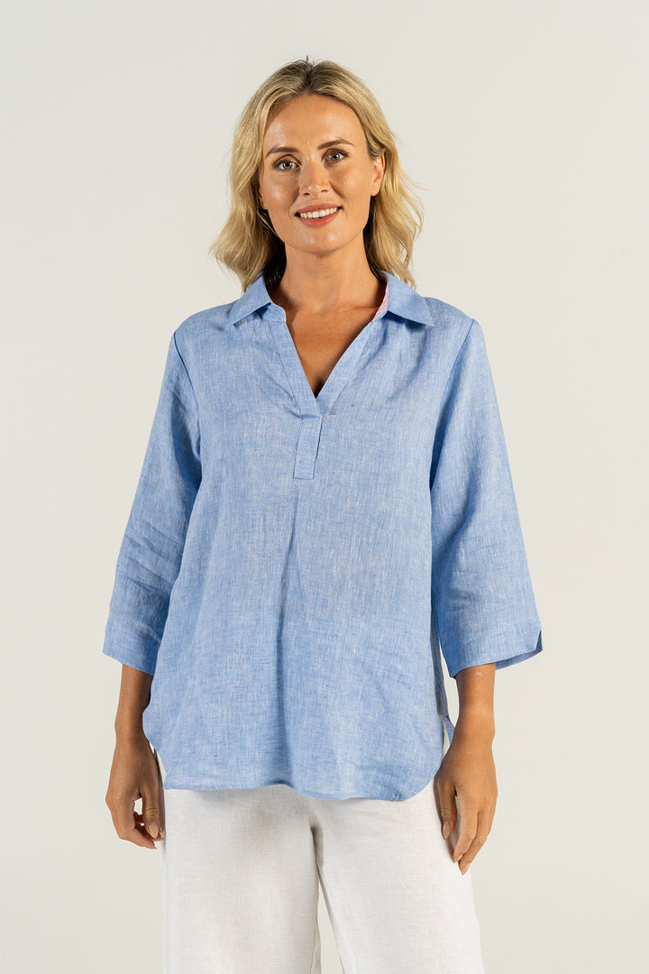 Woman wearing a luxe linen 3\4 sleeve top by See Saw clothing, sold and shipped from Pizazz Boutique Nelson Bay online women's clothes shops Australia