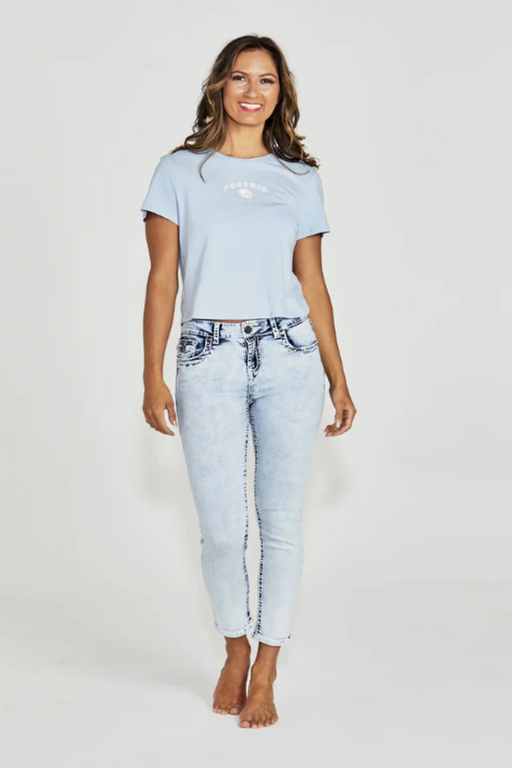 Woman wearing Taper Crop Jeans by New London Jeans, sold and shipped from Pizazz Boutique online women's clothes shops Australia 