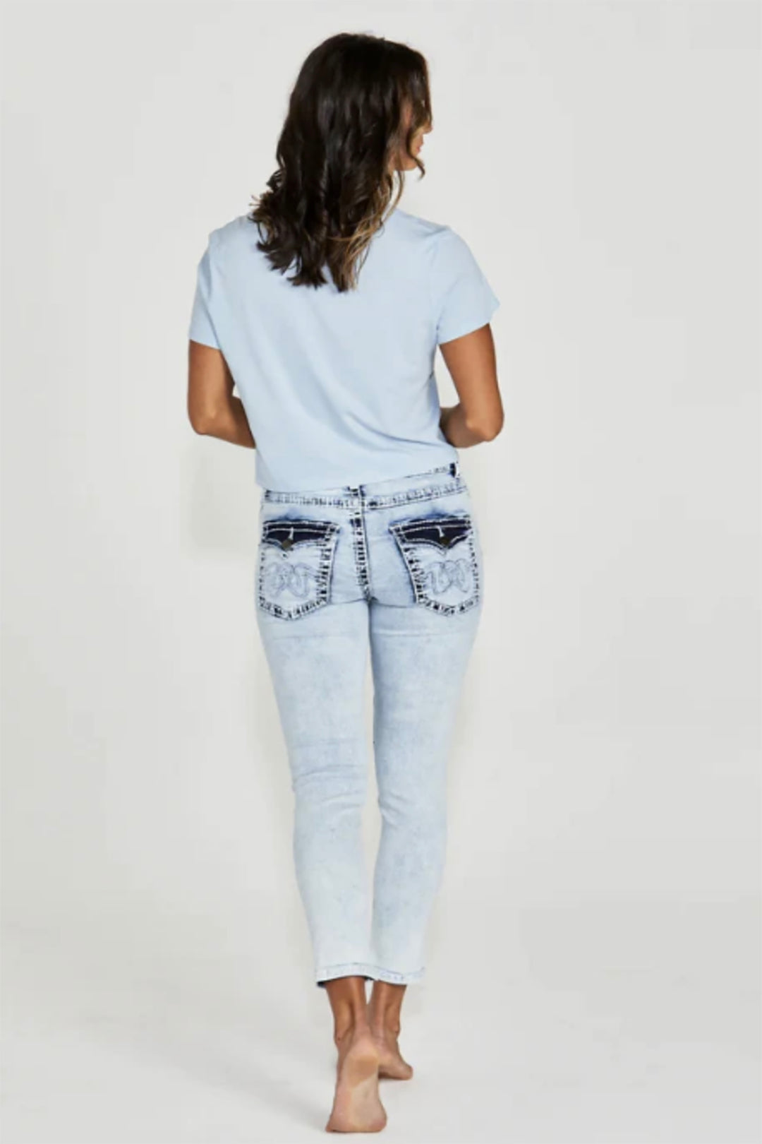 Woman wearing Taper Crop Jeans by New London Jeans, sold and shipped from Pizazz Boutique online women's clothes shops Australia