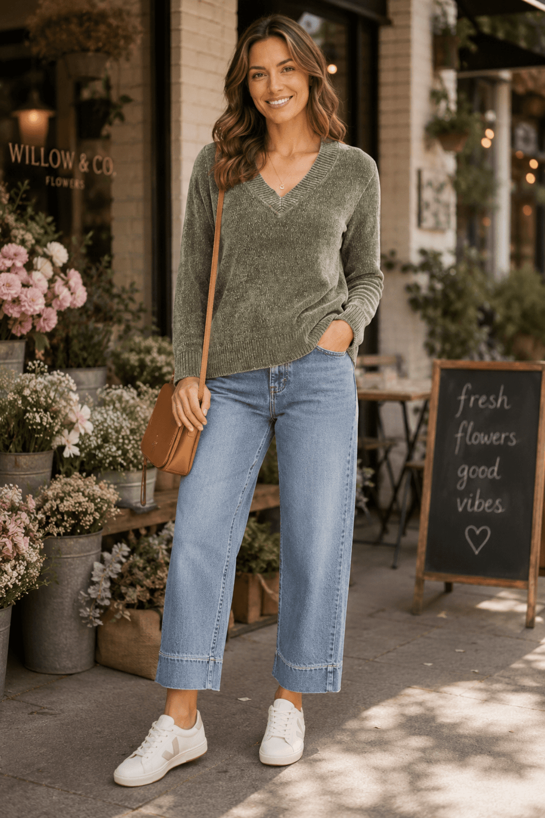 Chenille V - Neck Knit - Khaki - TT33 - Pizazz BoutiqueTwo - T's