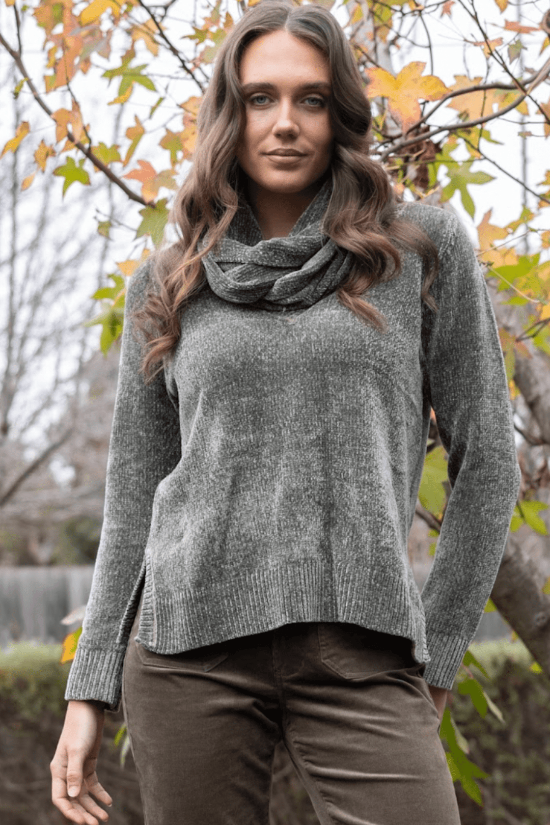 Chenille V - Neck Knit - Khaki - TT33 - Pizazz BoutiqueTwo - T's