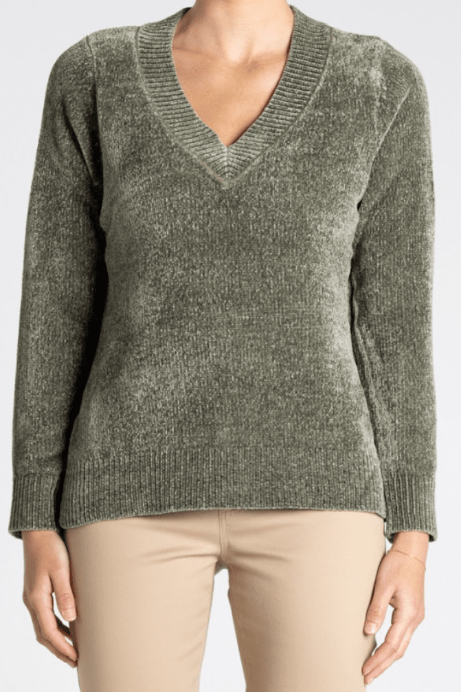 Chenille V - Neck Knit - Khaki - TT33 - Pizazz BoutiqueTwo - T's