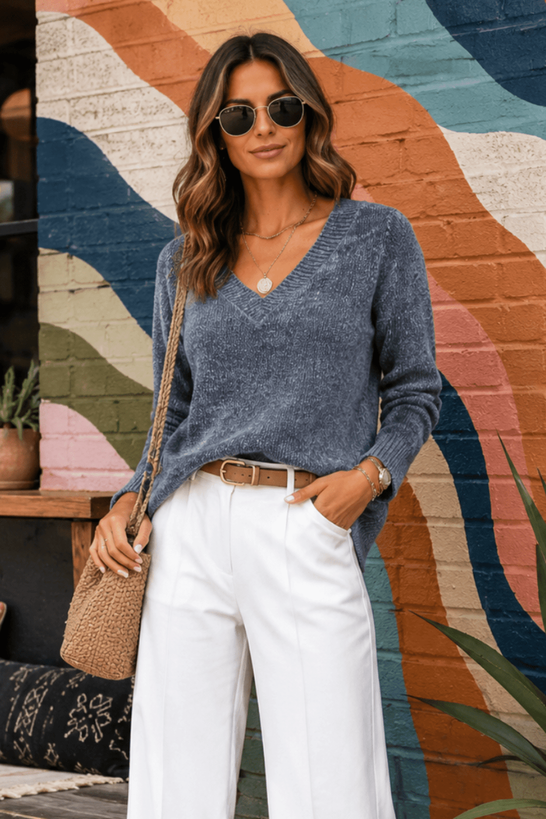 Chenille V - Neck Knit - Steel - TT33 - Pizazz BoutiqueTwo - T's