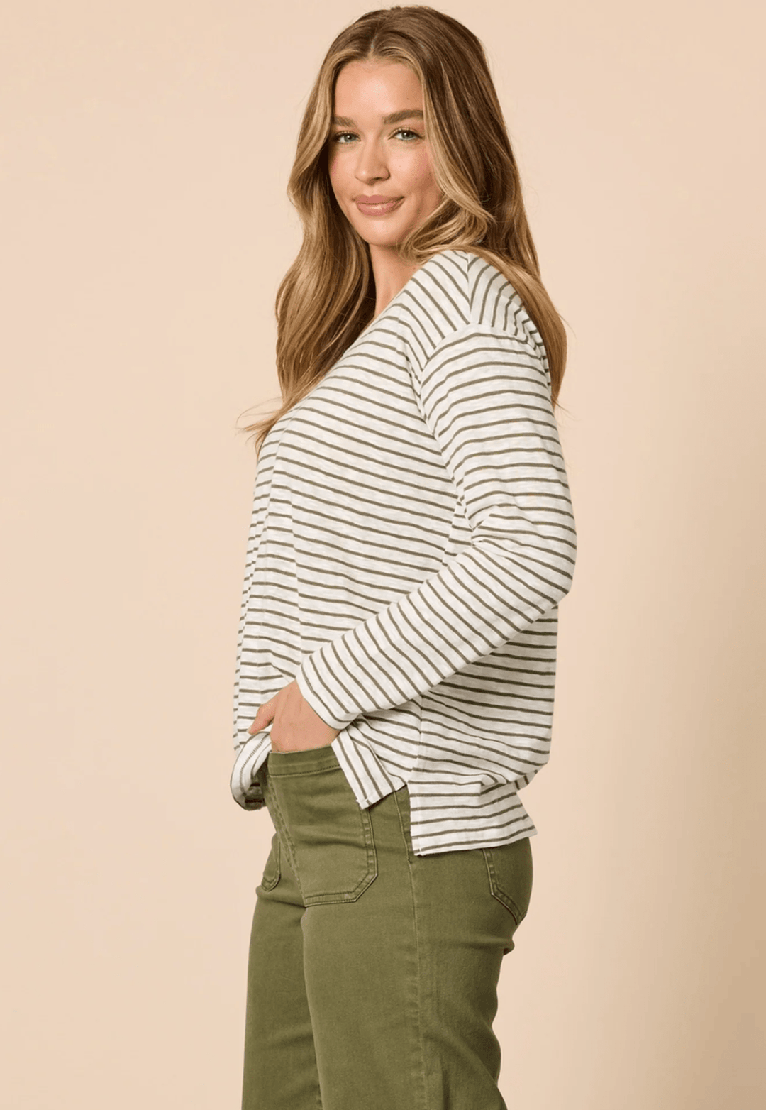 City Stripe Tee - Khaki/Ivory - TZ48 - Pizazz BoutiqueThreadz