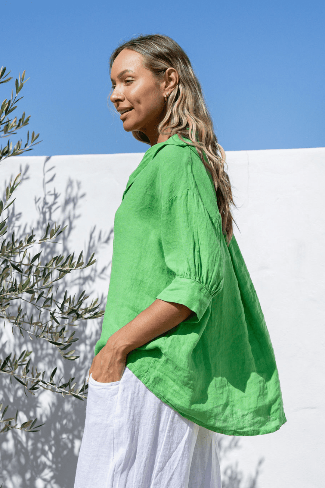 Colazione Linen Top - Verde - FA23 - Pizazz BoutiqueFree Angel