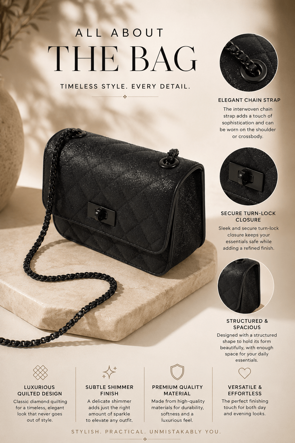 Cordelia Quilted Cross Body Bag - Black - AD30 - Pizazz BoutiqueAdorne