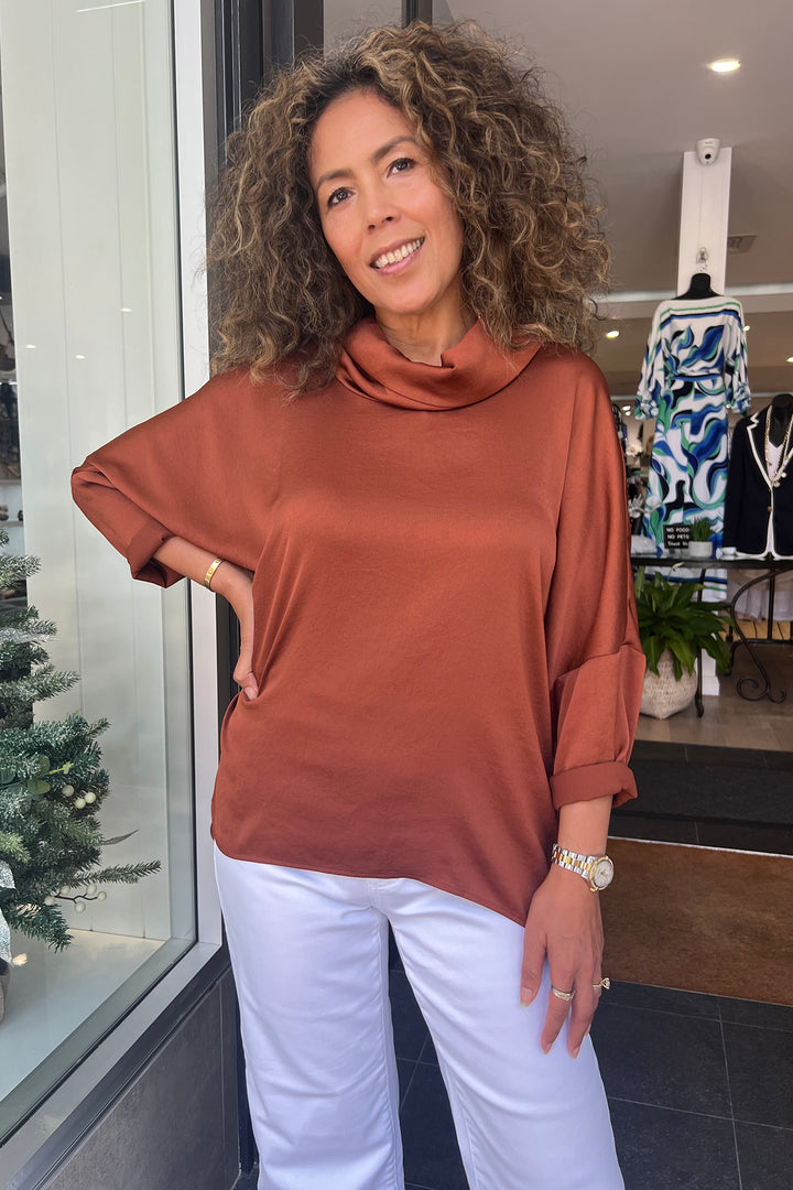 Kelli Cowl Neck Satin Top - Cinnamon - JR23