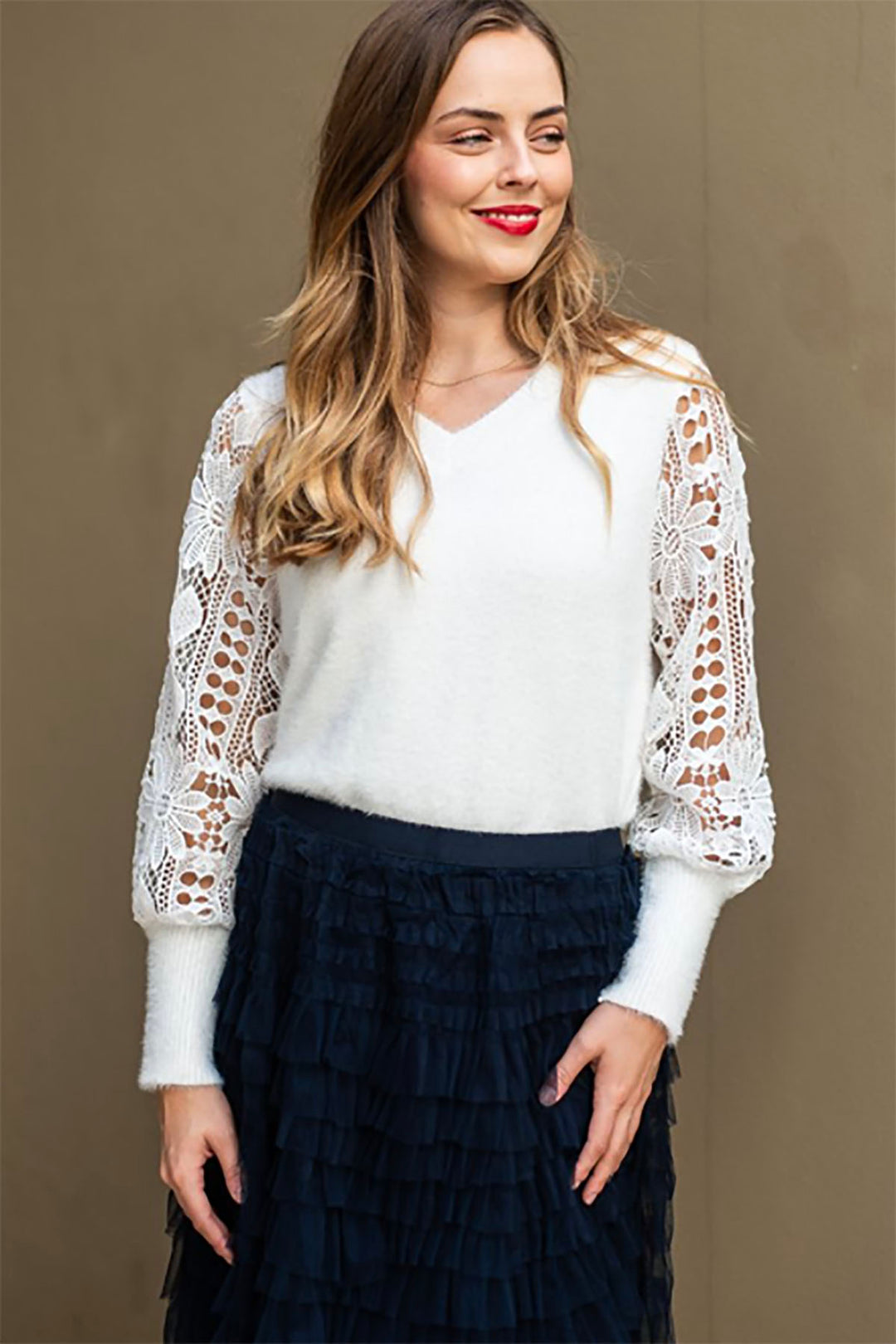 Crochet Sleeve Knit - White - SO10