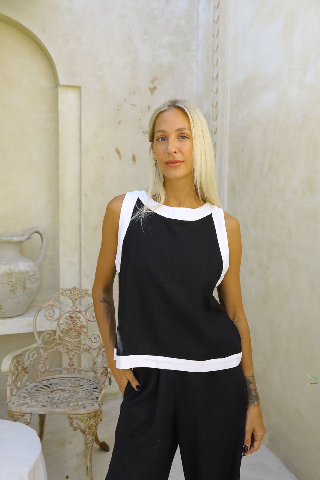 Demi Linen Contrast Tank - Black/White - CB28 - Pizazz BoutiqueCarbon The Label