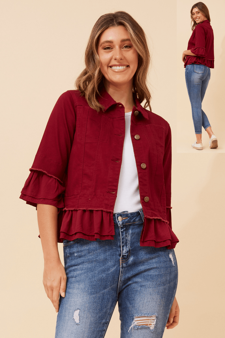 Denim Lepel Jacket - Burgundy - CK22 - Pizazz BoutiqueCaroline Morgan