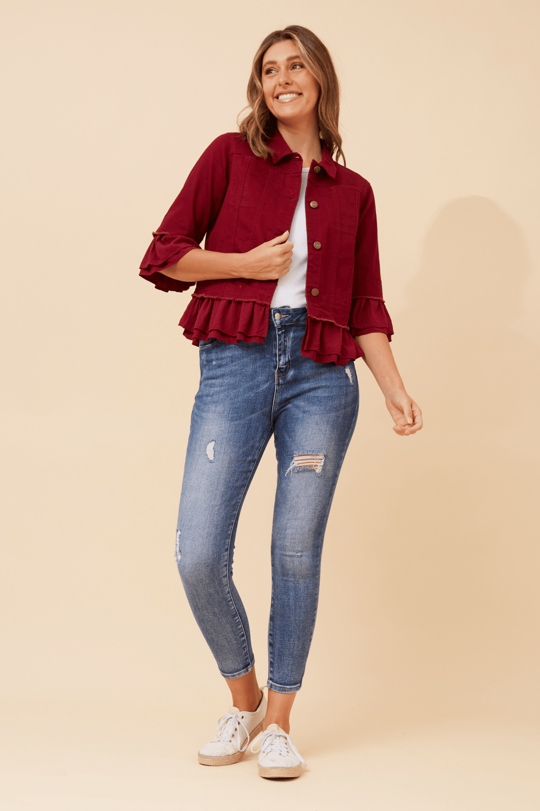 Denim Lepel Jacket - Burgundy - CK22 - Pizazz BoutiqueCaroline Morgan