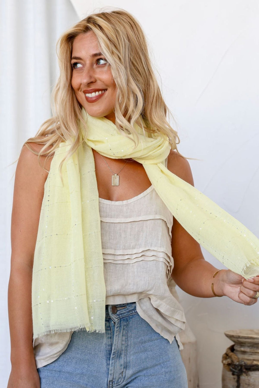 Diamante Check Scarf - Lemon - FR35 - Pizazz BoutiqueFree Spirit