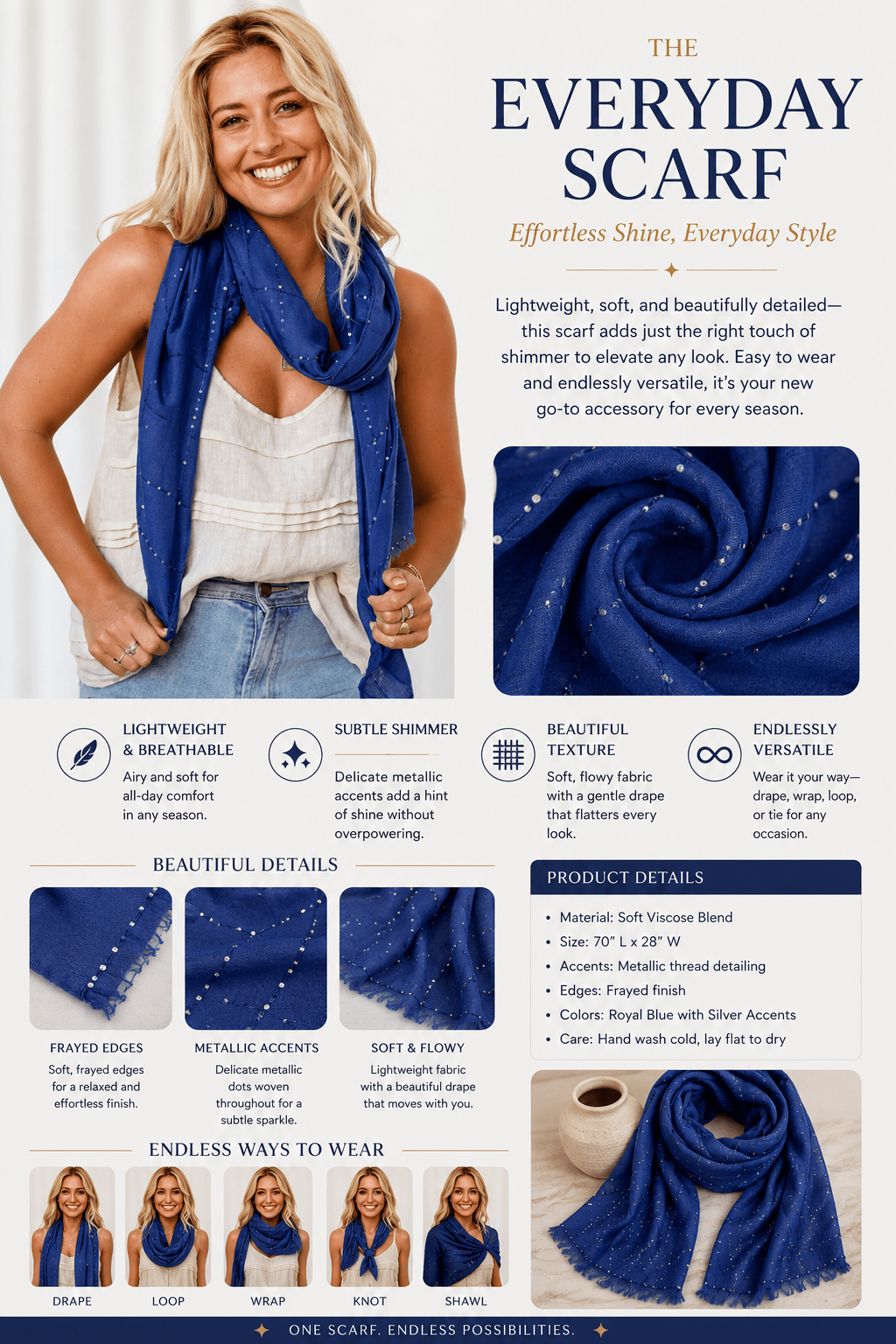 Diamante Check Scarf - Midnight Blue - FR35 - Pizazz BoutiqueFree Spirit