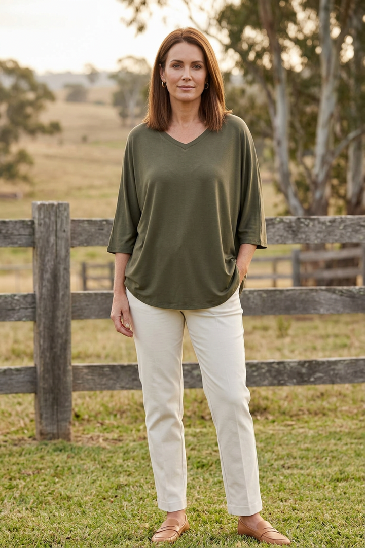 Ellie 3/4 Sleeve Top - Olive - BO20
