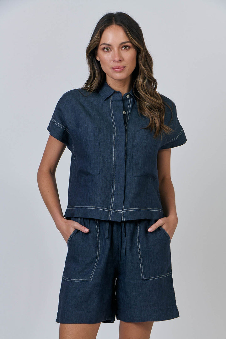 Emily Button Shirt - Poseidon - OJ20 - Pizazz BoutiqueNaturals By O & J