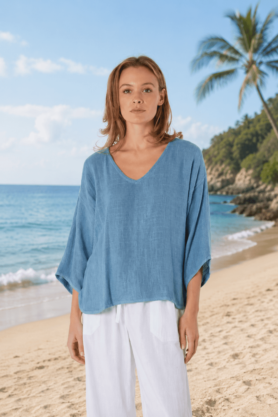 Estelle Hessian V Neck Top - Denim Blue - CB2 - Pizazz BoutiqueCarbon The Label