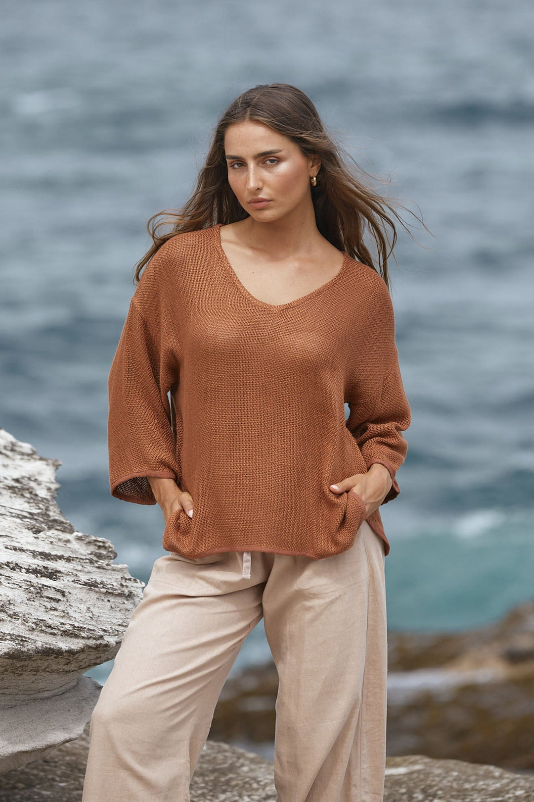 Estelle Hessian V Neck Top - Toffee - CB2 - Pizazz BoutiqueCarbon The Label