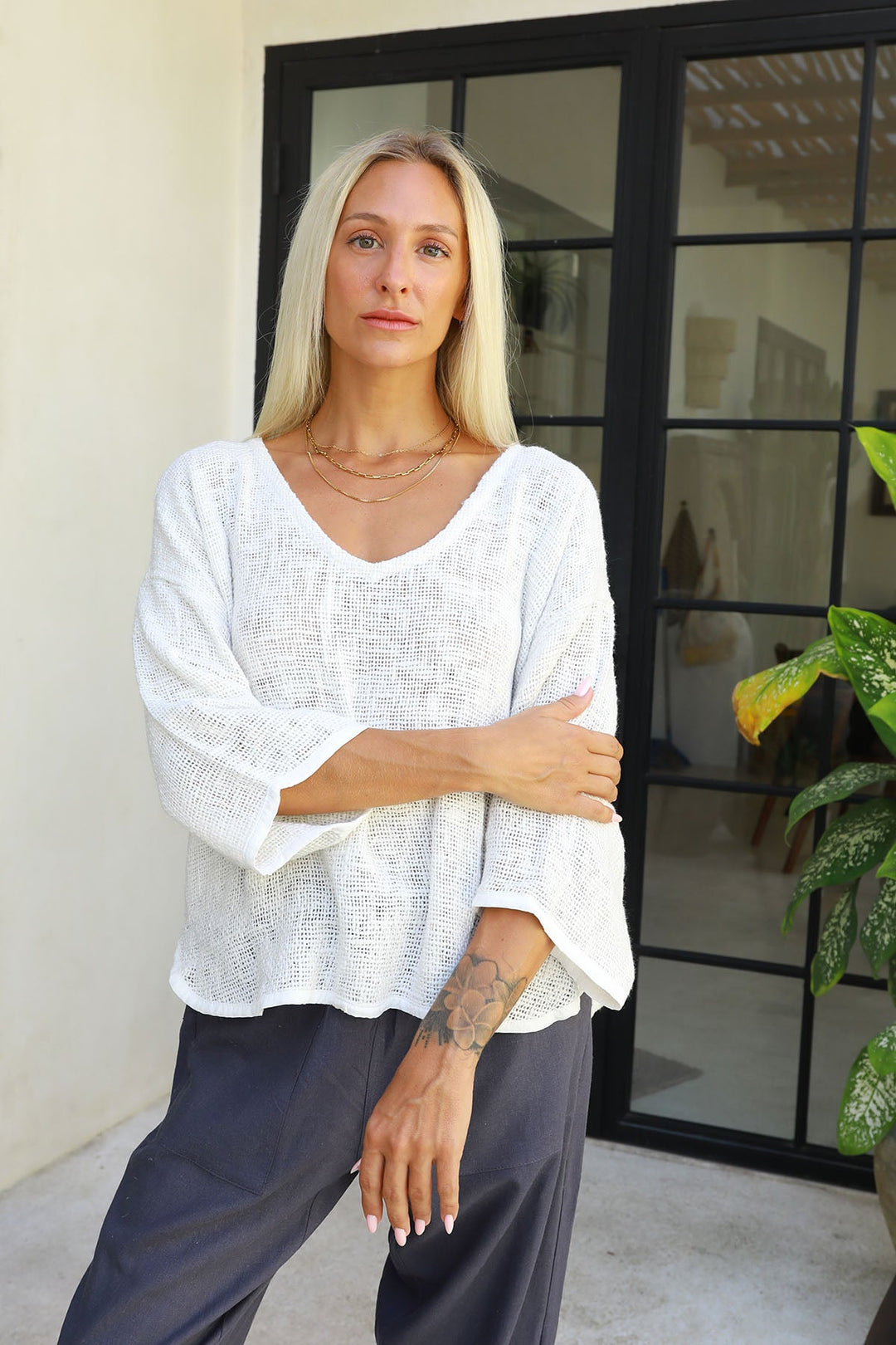 Estelle Hessian V Neck Top - White - CB2 - Pizazz BoutiqueCarbon The Label