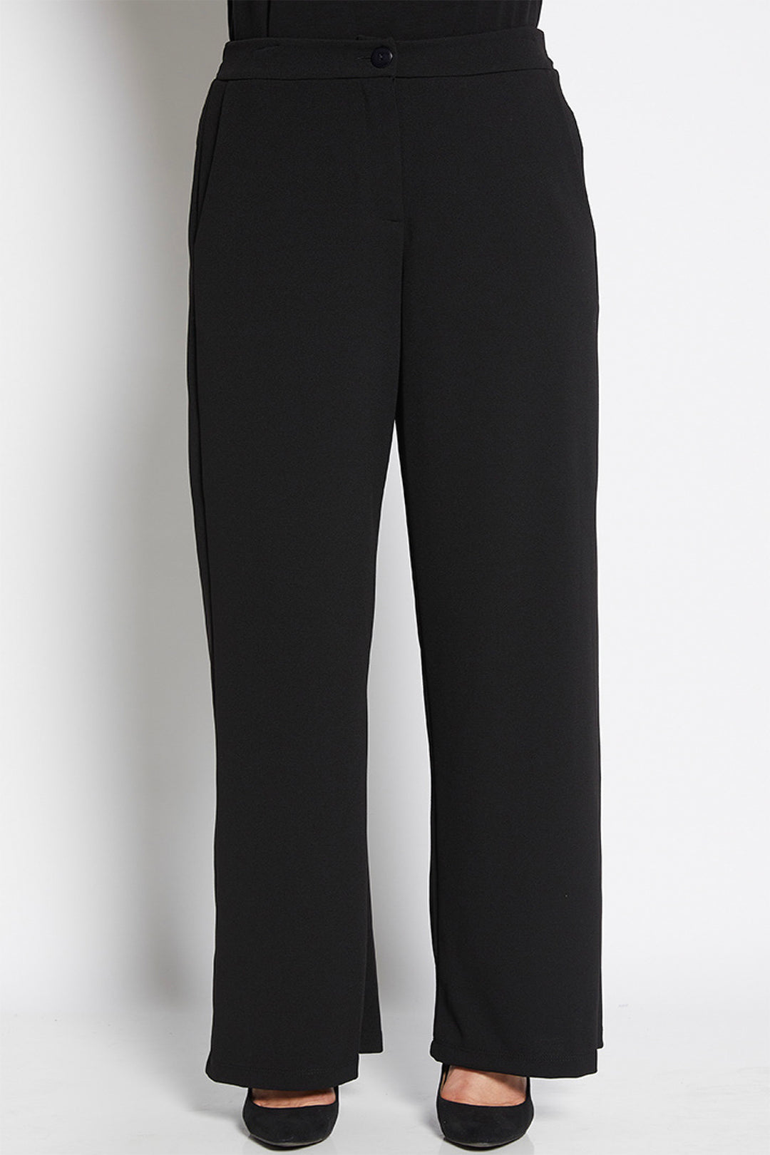 Estelle wide leg pant in black by Philosophy Clothing Australia, button & zip closure, elastic back waistband, side pockets. Sold & shipped by Pizazz Boutique.