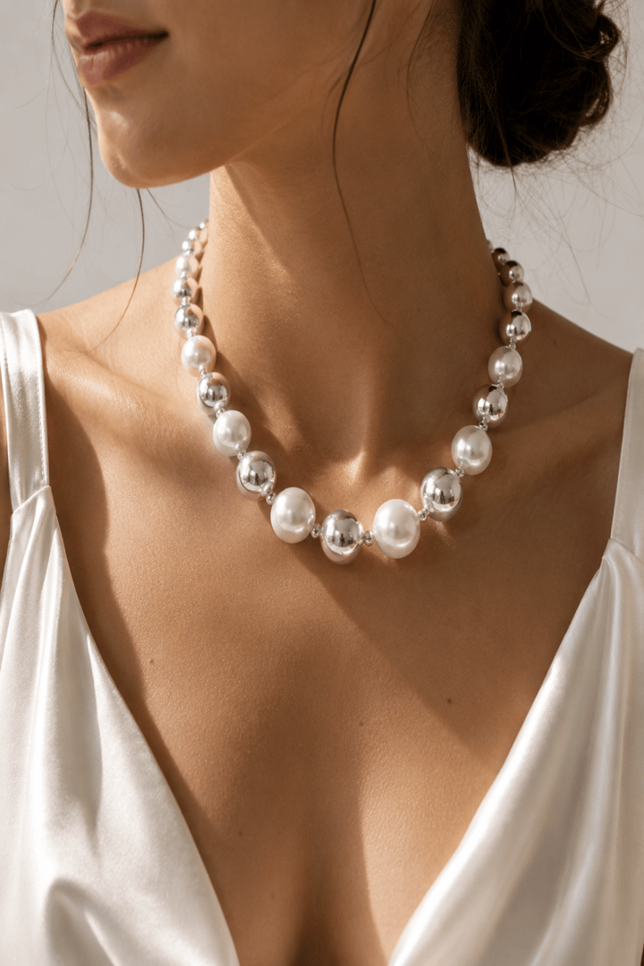 Faux Pearl Ball Necklace - Silver - AD45 - Pizazz BoutiqueAdorne