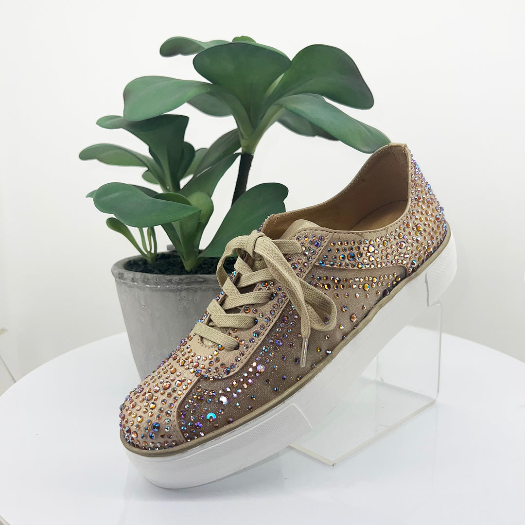Flip Sneaker by Django & Juliette in old gold with diamante embellishments And lace up front. 