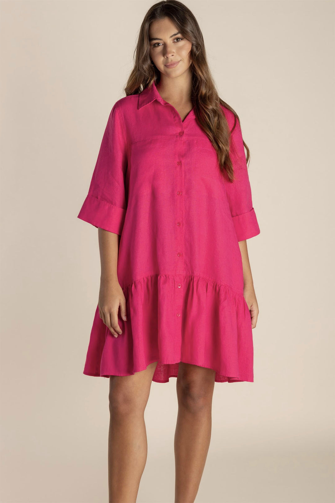 Flounce Linen Dress - Raspberry - TT19