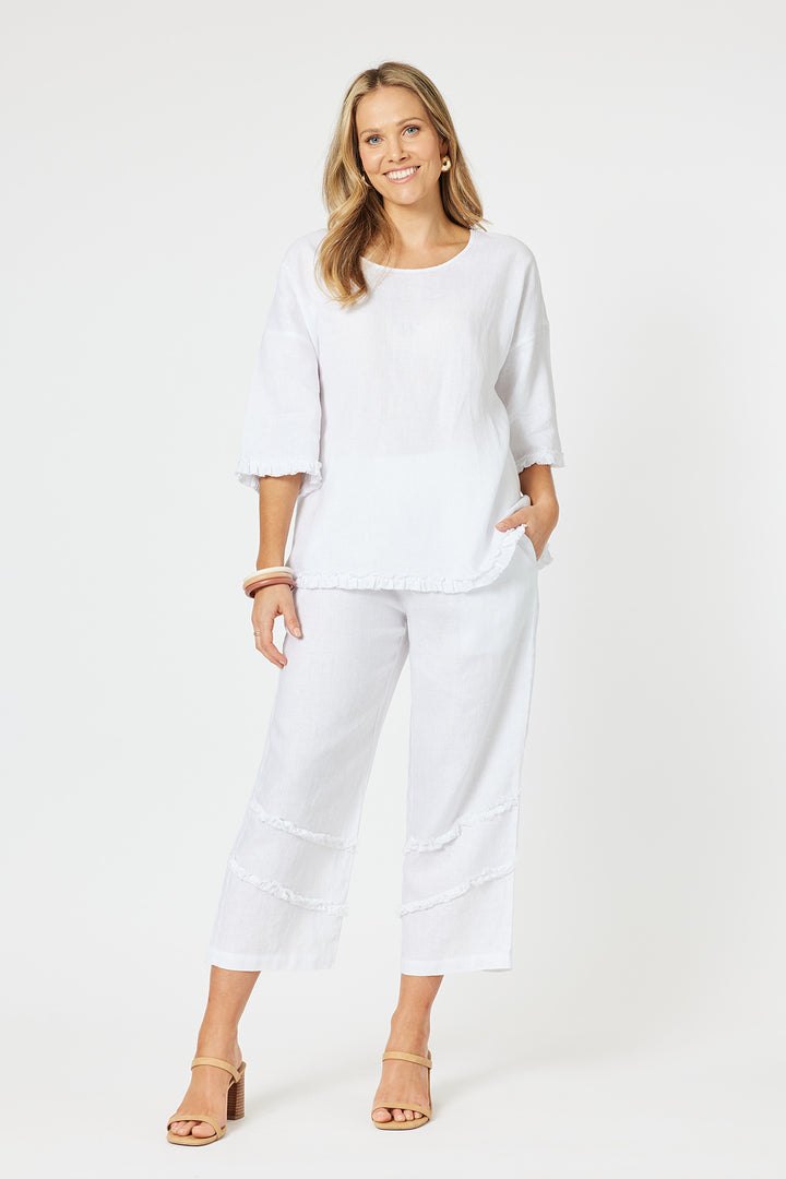 Fringed Linen Top - White - HV13