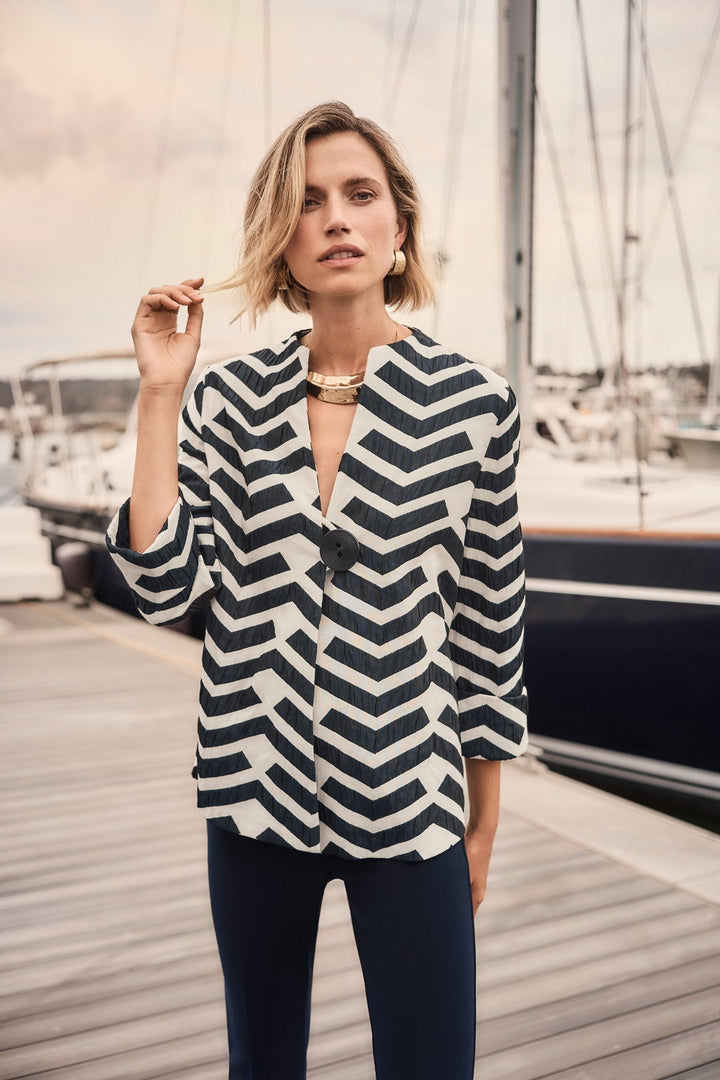 Geometric Trapeze Jacket - White/Navy - JR26 - Pizazz BoutiqueJoseph Ribkoff