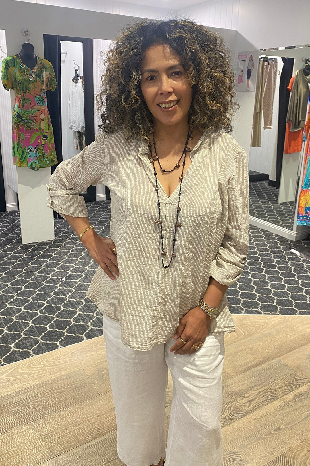 Harper Stripe Shirt - Natural - CG14 - Pizazz BoutiqueCindy G