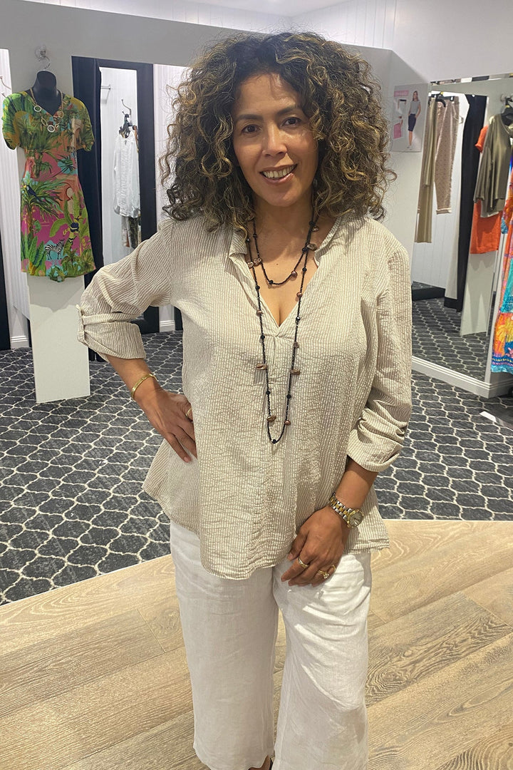 Harper Stripe Shirt - Natural - CG14 - Pizazz BoutiqueCindy G
