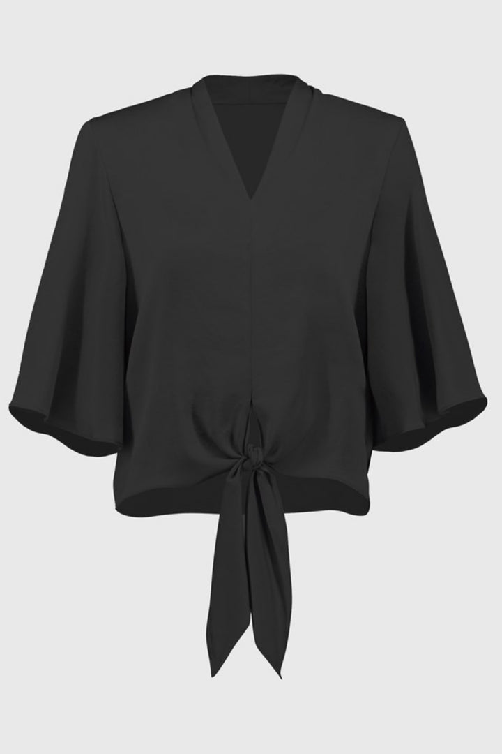 Satin V-Neck Top with Front Tie - Black - JR4