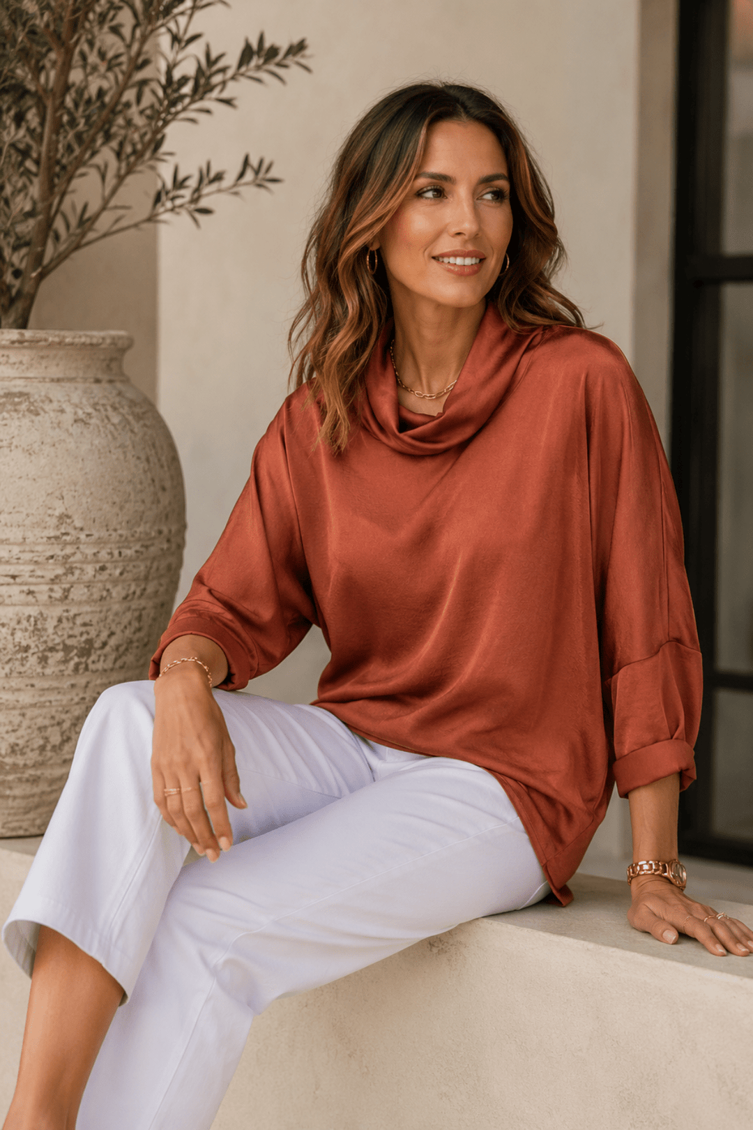 Kelli Cowl Neck Satin Top - Cinnamon - JR23 - Pizazz BoutiqueJoseph Ribkoff