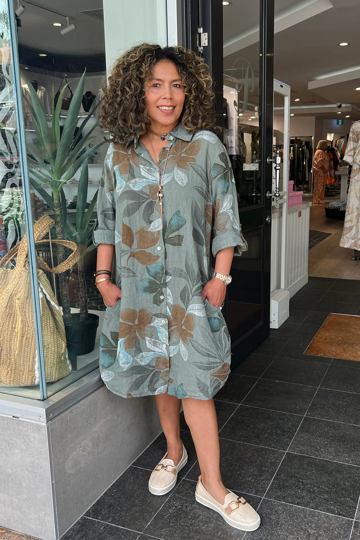 Lily Leaf Print Shirt Dress - Khaki - CG39